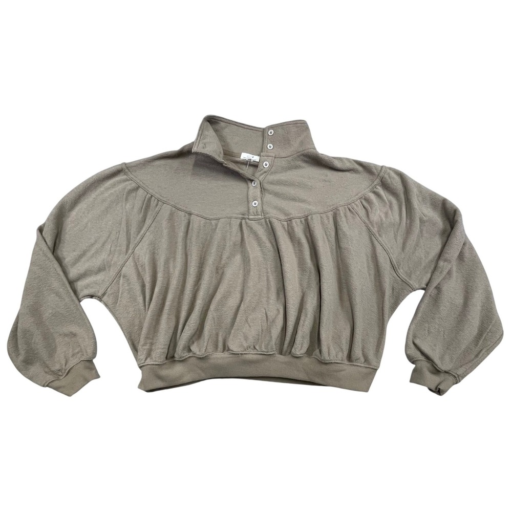 NWT Aerie Womens XS Tan Cropped Quarter Button Gathered Back Sweatshirt
